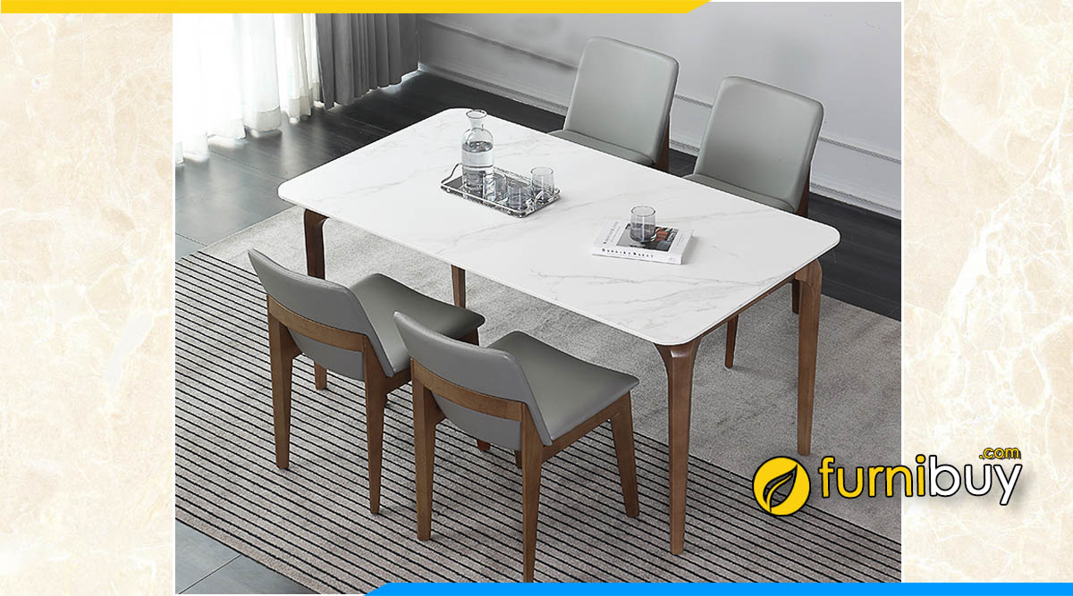Bộ bàn ăn 4 ghế mặt đá nhân tạo gốc thạch anh màu trắng đẹp