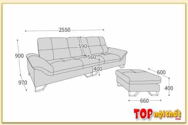 Hình ảnh Kích thước chi tiết ghế sofa văng da SofTop-0876
