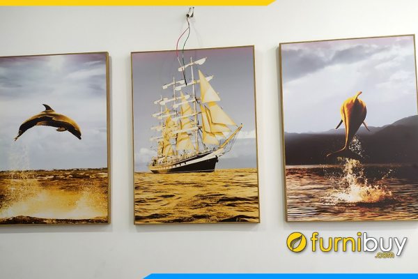Tranh canvas 3 thuyền buồm màu vàng cá heo TraCvTop-0038