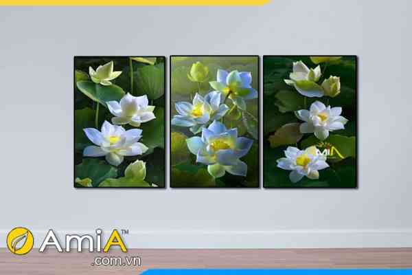 Hình ảnh Tranh hoa sen màu trắng Canvas 3 tấm đẹp TraTop-3019