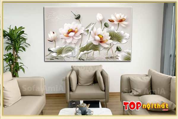 Tranh hoa sen trắng in 3D treo tường phòng khách TraTop-3067